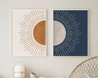 Sun and Moon Wall Art Set of 2, Day and Night Prints, Burnt Orange Navy Blue Wall Art, Mid Century Modern Wall Decor, Boho Wall Art
