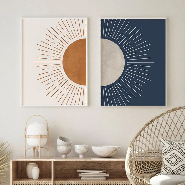 Sun and Moon Wall Art Set of 2, Day and Night Prints, Burnt Orange Navy Blue Wall Art, Mid Century Modern Wall Decor, Boho Wall Art