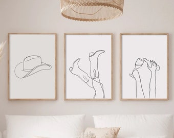 Set of 3 Cowboy Line Art Prints, Western Wall Art,  Nashville Decor, One Line Drawing, Texas Art, Cowgirl Printable Art, Boho Decor, Neutral