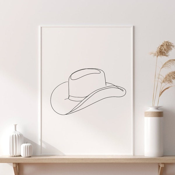 Cowboy Hat Line Art Print, Western Wall Art,  Nashville Decor, One Line Drawing, Texas Art, Cowgirl Printable Art, Boho Decor, Neutral