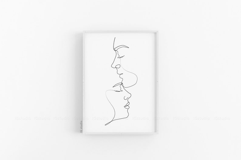 Couple Line Art Print, One Line Drawing, Single Line, Couples Gift, Minimalist Line Art, Above Bed Art, Kiss Printable, Bedroom Wall Art image 1