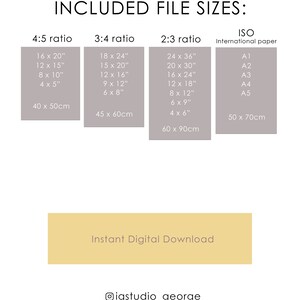 May include: A digital art print file size chart with dimensions in inches and centimeters. Includes 4:5, 3:4, 2:3 ratios, and ISO paper sizes. Text reads "Instant Digital Download" and the Instagram handle @igstudio_george.