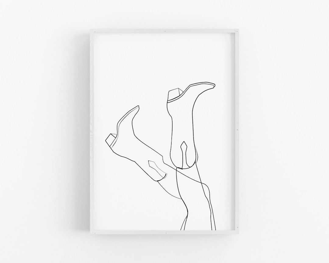 Western Cowboy Boots Line Art Print, Groovy Cowgirl Wall Art, One Line