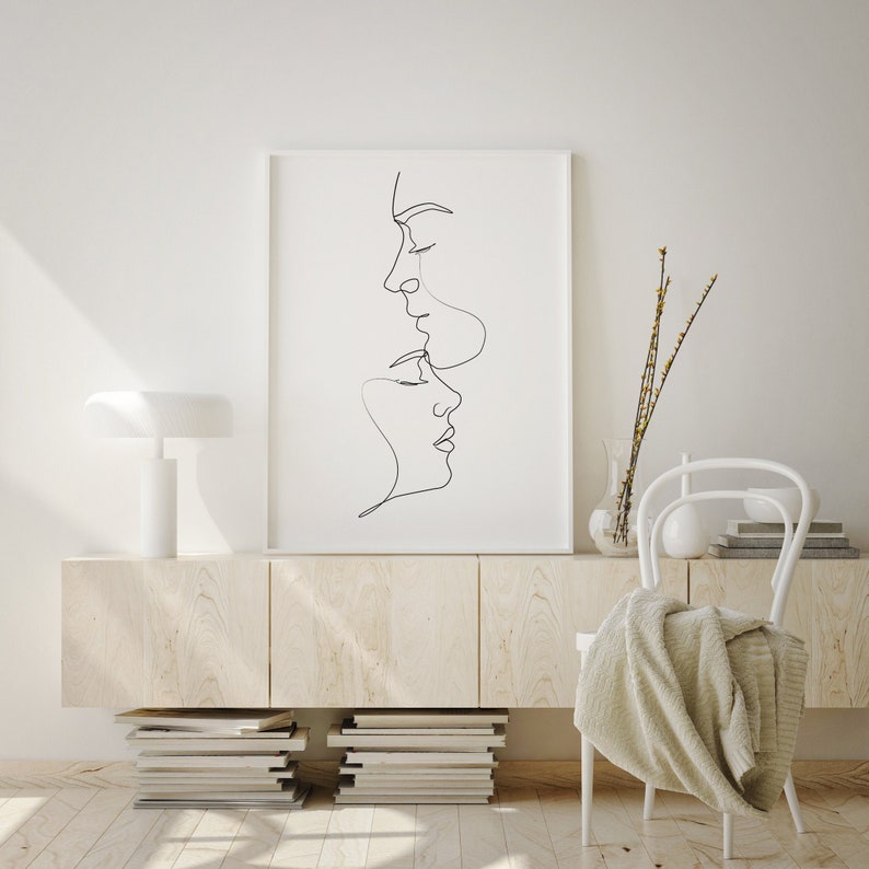 Couple Line Art Print, One Line Drawing, Single Line, Couples Gift, Minimalist Line Art, Above Bed Art, Kiss Printable, Bedroom Wall Art image 4