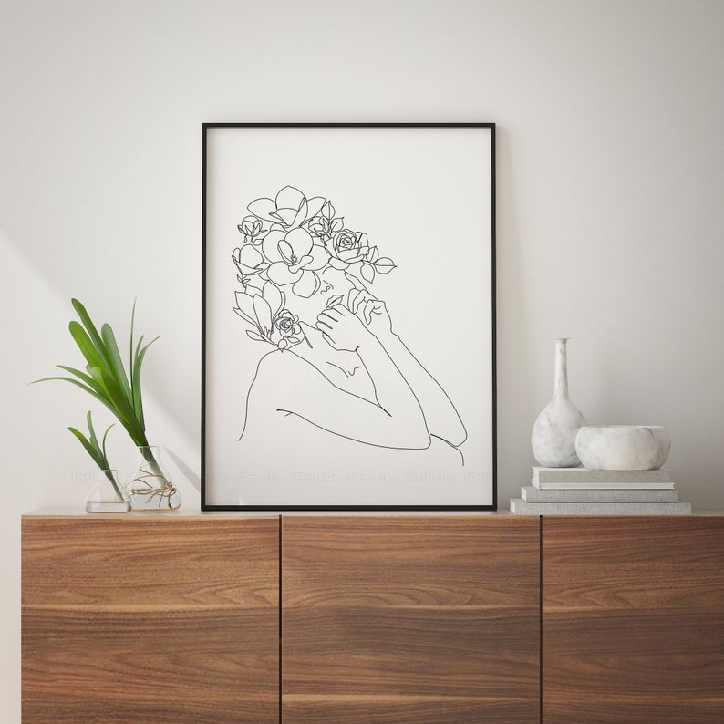 Head Of Flowers Line Art Print Woman With Flowers Line Etsy