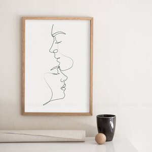 Couple Line Art Print, One Line Drawing, Single Line, Couples Gift, Minimalist Line Art, Above Bed Art, Kiss Printable, Bedroom Wall Art image 2