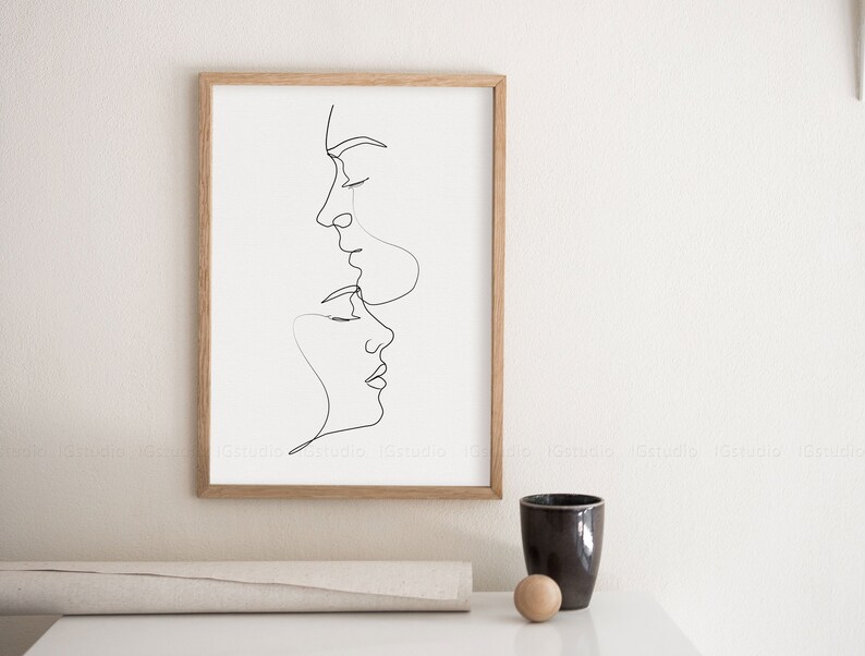 Couple Line Art Print, One Line Drawing, Single Line, Couples Gift, Minimalist Line Art, Above Bed Art, Kiss Printable, Bedroom Wall Art image 2