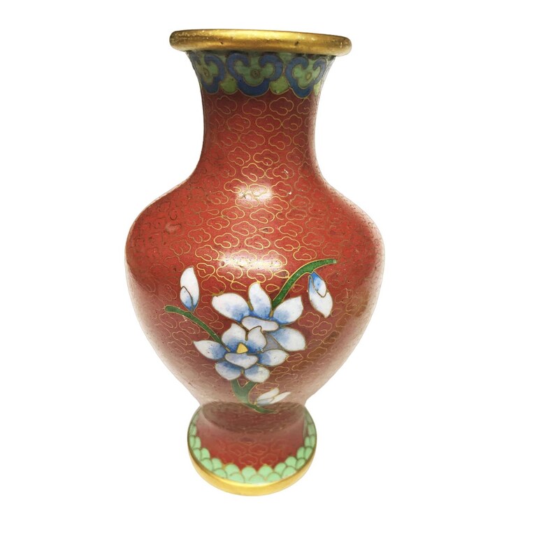 Vintage Floral Bird Cloisonné Small Rust Multicolor Vase 6" x 3.5" immagine 4