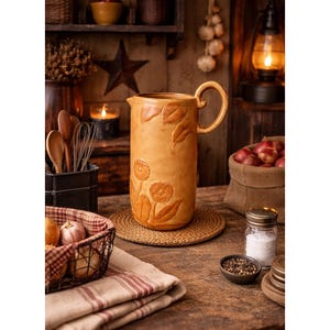 May include: A tall, cylindrical ceramic pitcher in a warm mustard-yellow hue, featuring embossed floral and leaf motifs on its exterior. The pitcher has a single curved handle and sits on a round, woven straw coaster on a wooden surface.