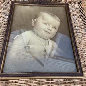 Antique Baby Photo Portrait In Wooden Frame Flower Engraved