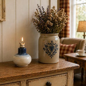 May include: A small, round, two-toned ceramic oil lamp with a lit wick sits beside a cylindrical stoneware crock featuring a blue heart and floral design. The crock is filled with a bouquet of dried lavender and tan-colored wildflowers.