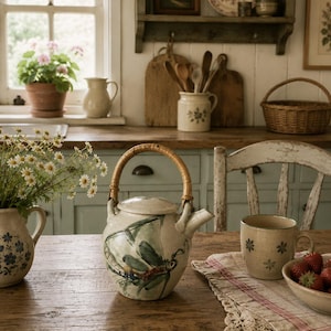 Studio Pottery Hand Painted Dragonfly Bamboo Handle Teapot Signed