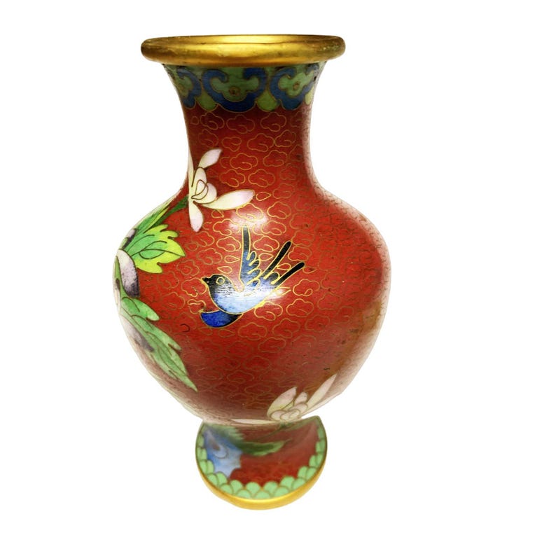 Vintage Floral Bird Cloisonné Small Rust Multicolor Vase 6" x 3.5" immagine 3