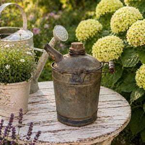 May include: An antique metal oil can with a wooden handle and cap sits on a white, distressed wooden table. A watering can and potted plant are in the background, with yellow flowers and greenery. The can has a spout and a hinged lid.