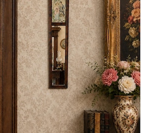 Antique Victorian Wall Mirror Carved Wood Frame Romantic Scene Print 17 x 3.25in
