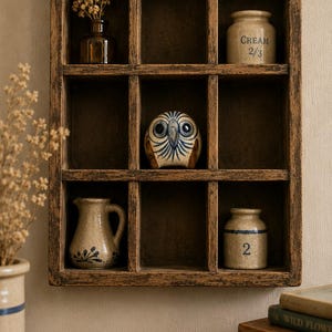 May include: A rectangular wooden wall shelf with nine compartments containing a small amber glass bottle with dried flowers, a ceramic jar labeled CREAM 2/3, a ceramic owl figurine, a small ceramic pitcher, and a ceramic jar with the number 2.