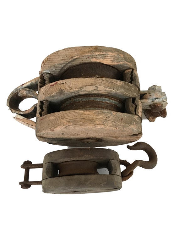 Vintage Block and Tackle Set Double Pulley Wooden Iron Hook Etsy UK