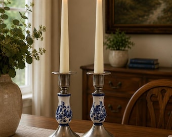Vintage Pair of Blue White Floral Motif Ceramic & Pewter Candle Holder Delft 90s