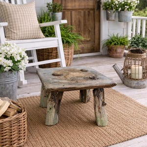 May include: A rustic, square wooden side table with four short, tree-trunk legs. The tabletop is weathered gray, and the legs have a faded green hue. The table sits on a woven jute rug, with a white rocking chair and potted plants in the background.