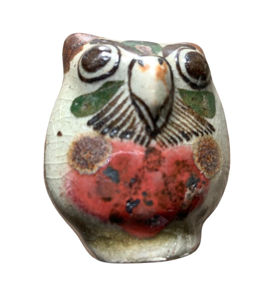 Vintage 70s Miniature  Tonala Pottery Owl Signed  Beige Blue Brown Approx 2"