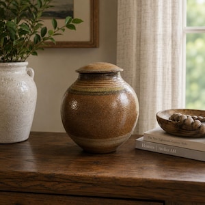 May include: A handcrafted, brown ceramic urn with a lid, featuring a textured surface and a band of green and yellow. The urn is displayed on a wooden surface, alongside a white vase with greenery and a wooden bowl.