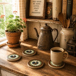 May include: A rustic kitchen scene with a framed sign reading "IN THIS HOUSE WE SERVE COFFEE, GRACE AND FRIENDSHIP." A brown teapot, coffee mug, and coasters with a rooster design are on a wooden surface. A potted plant sits by a window.