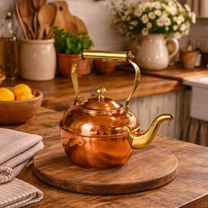 May include: A copper kettle with a brass handle and spout sits on a wooden cutting board. The kettle has a round body and a lid with a small brass knob. The kitchen setting includes wooden shelves, a bowl of lemons, and a vase of flowers.