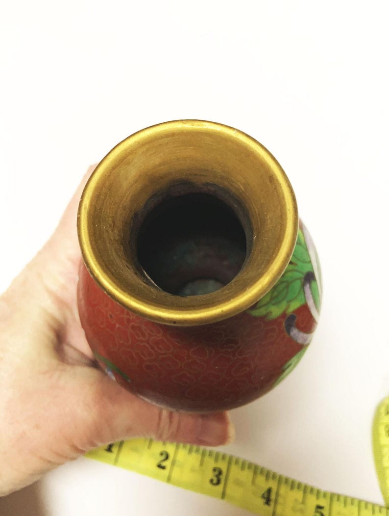 Vintage Floral Bird Cloisonné Small Rust Multicolor Vase 6" x 3.5" immagine 5