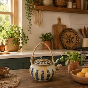 May include: A ceramic teapot with a rounded, ribbed body featuring vertical blue floral patterns on a cream background. It has a matching lid with a dark knob and a thick, braided natural fiber handle attached to two side loops.
