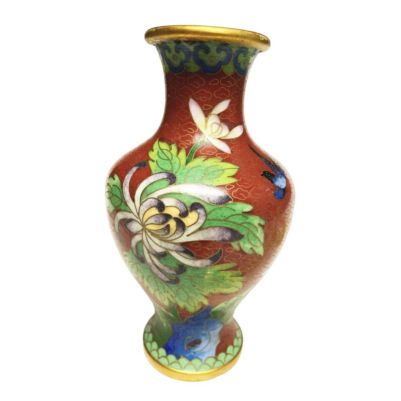 Vintage Floral Bird Cloisonné Small Rust Multicolor Vase 6" x 3.5" immagine 2