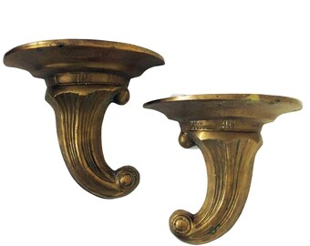 Par vintage de prateleiras de parede em cornucópia de latão 9 1/4 ″ L x 8 ″ A