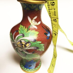 Vintage Floral Bird Cloisonné Small Rust Multicolor Vase 6" x 3.5" immagine 8