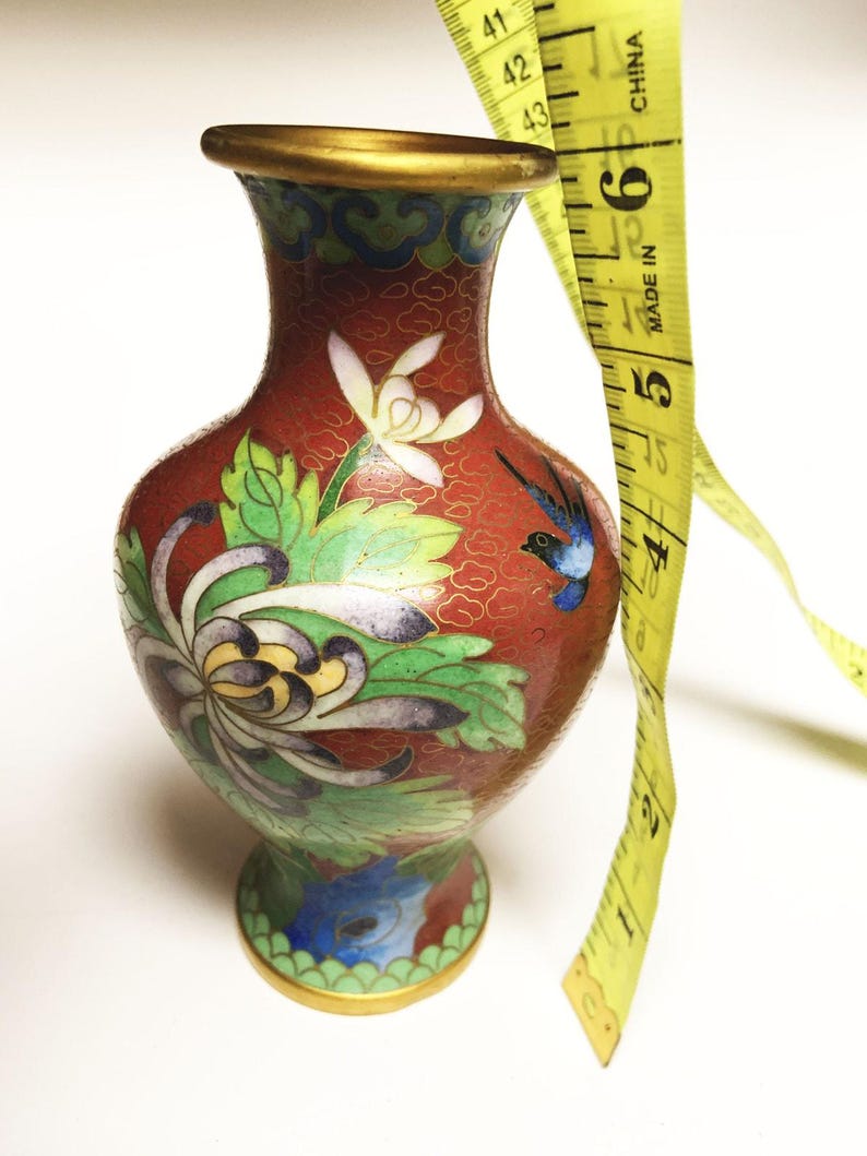 Vintage Floral Bird Cloisonné Small Rust Multicolor Vase 6" x 3.5" immagine 8