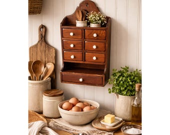 Vintage Colonial Shaker Wooden Spice Apothecary 7 Drawer Cabinet 1970s