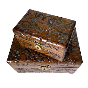 Pair of Asian Hand Carved Camphor Wood Box Birds and Flowers Vintage