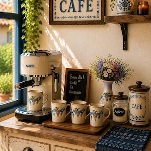 May include: A coffee station with a cream-colored espresso machine, four matching mugs with grape designs, and a framed "CAFE" sign. A small chalkboard reads "Bom dia! Café Fé Gratidão". A blue patterned runner and jars complete the scene.