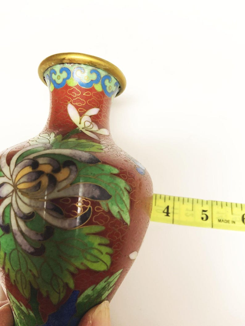 Vintage Floral Bird Cloisonné Small Rust Multicolor Vase 6" x 3.5" immagine 9