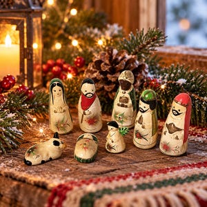 May include: A set of hand-painted wooden nativity figurines including Mary, Joseph, the three wise men, a small baby Jesus in a manger, and a cow. Each figure features cream-colored surfaces with painted floral accents and distinct facial features.