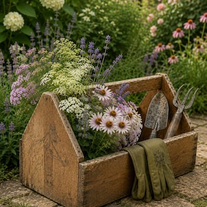 May include: A rustic wooden garden tool box filled with a variety of flowers, including daisies and lavender. A small trowel, a hand fork, and a pair of green gloves rest inside the box. The box is set on a stone surface, surrounded by lush greenery.
