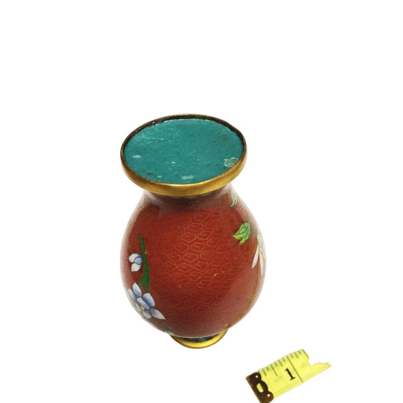Vintage Floral Bird Cloisonné Small Rust Multicolor Vase 6" x 3.5" immagine 7