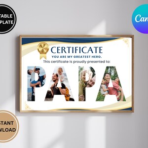 PAPA Photo Collage Gift: Father&#39;s Day Certificate - Editable Canva Template (Digital Download)