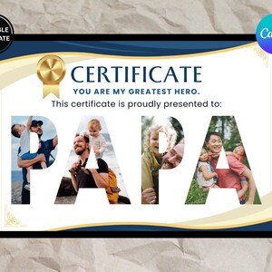 PAPA Letters Photo Frame Certificate Template, Printable Papa Birthday Gift, Editable Father&#39;s Day Certificate, Personalized Gift for Dad