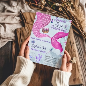 Invito modificabile per la festa in piscina a tema sirena per ragazze, invito di compleanno Splish Splash, invito per festa estiva a tema sirena, modello Canva per festa in piscina