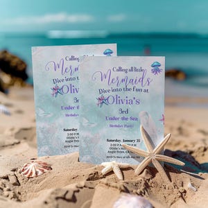 Invito di compleanno modificabile a tema sirena magica per ragazze, invito a tema sottomarino, modello Canva per invito a una festa a tema sirena rosa e viola