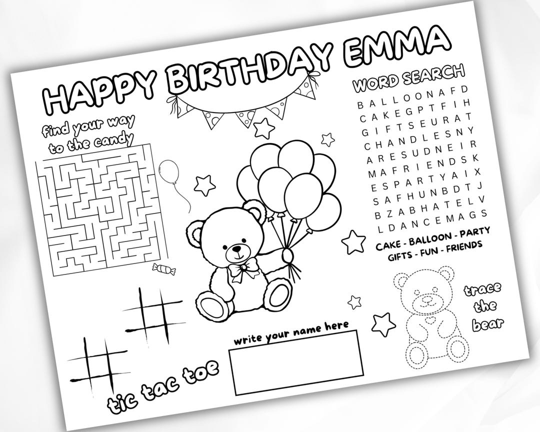 Editable Birthday Coloring Placemat, Printable Party Activity Sheet ...