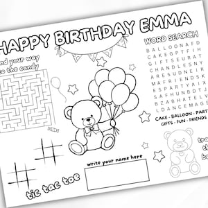 Editable Birthday Coloring Placemat, Printable Party Activity Sheet with Maze, Word Search & Tracing, Custom Name Teddy Bear Theme Template