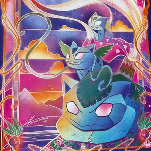 Bulbasaur Izysaur Venasaur - Stained Glass A3 Art Print - Pocket Monster Poster