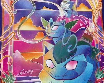 Bulbasaur Izysaur Venasaur - glas-in-lood A3-kunstafdruk - poster pocketmonster