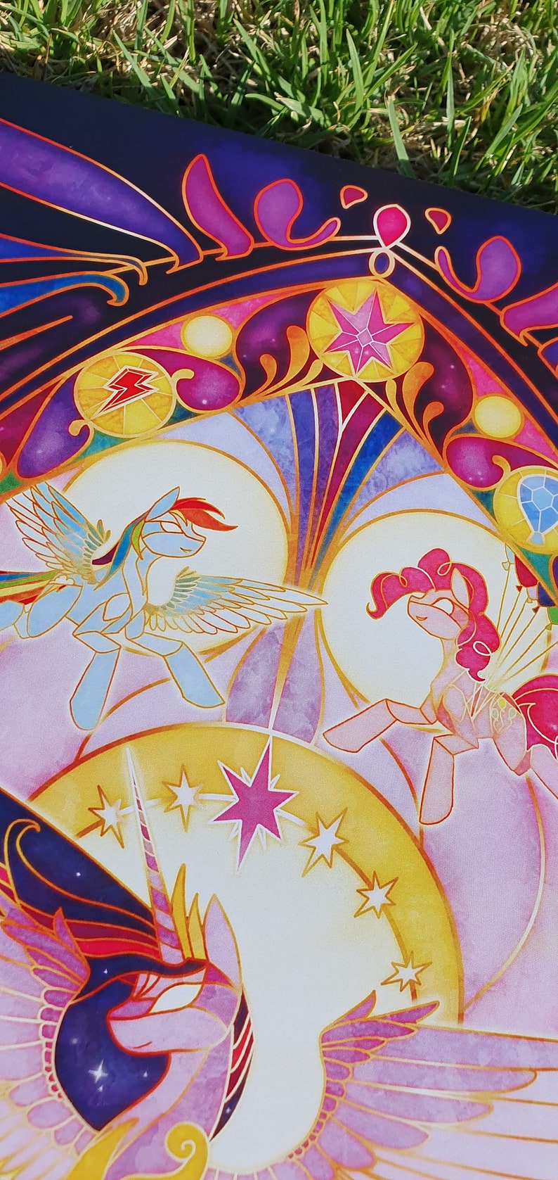 May include: A colorful stained glass style illustration of three My Little Pony characters. The characters are Rainbow Dash, Pinkie Pie, and Twilight Sparkle. The background is a vibrant mix of purple, pink, yellow, and blue.