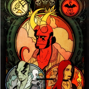 May include: A stained glass window design featuring a red-skinned, horned figure with a yellow halo. The figure is surrounded by other figures, including a woman with red hair and a man with a white face. The window is set against a dark green background.